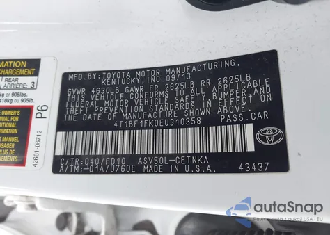 2014 Toyota Camry Le z USA, uszkodzony, nr VIN 4T1BF1FK0EU310358